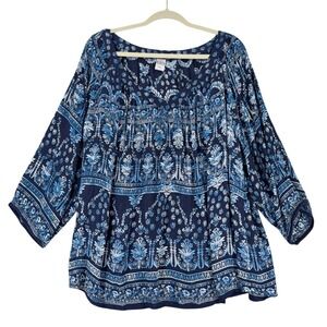 Bila Women's Blue Floral Print Tunic Top Blouse Plus Size XXL Rayon